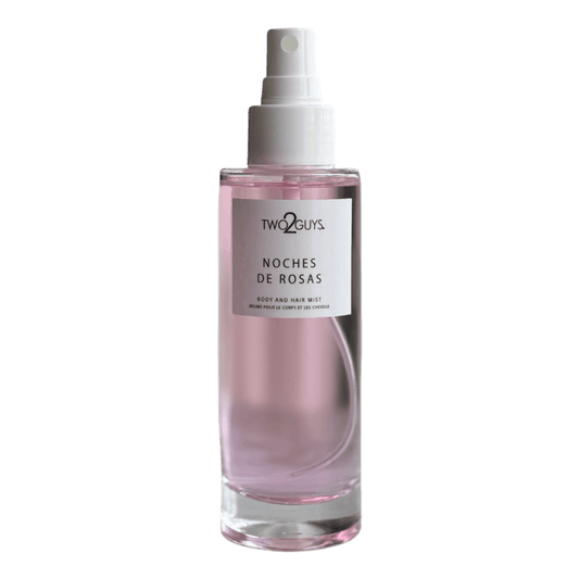 Two2Guys Noches de Rosas body and hair mist with notes of pink pepper, rose, peony. amber, and musk