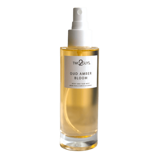 Oud Amber Bloom by Two2Guys on a white background with notes of lavender, rosemary, leather, oud, sandalwood, and amber