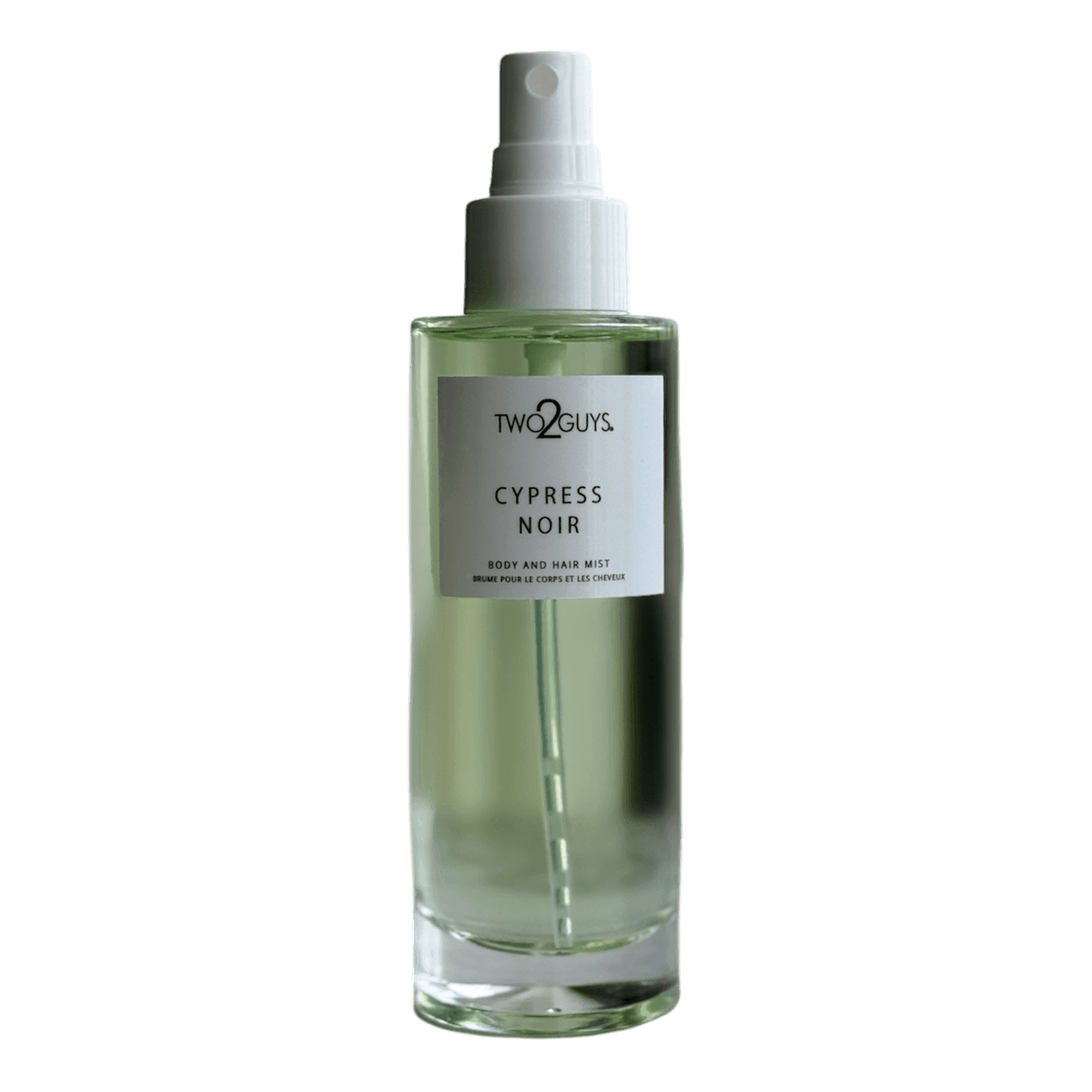 Two2Guys Cypress Noir body and hair mist bottle with notes of grapefruit, cypress, cardamom, and sandalwood