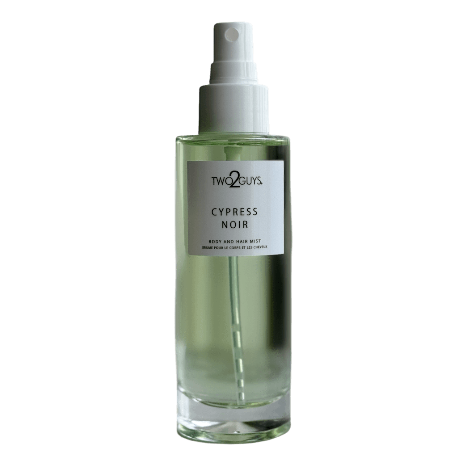 Two2Guys Cypress Noir body and hair mist bottle with notes of grapefruit, cypress, cardamom, and sandalwood