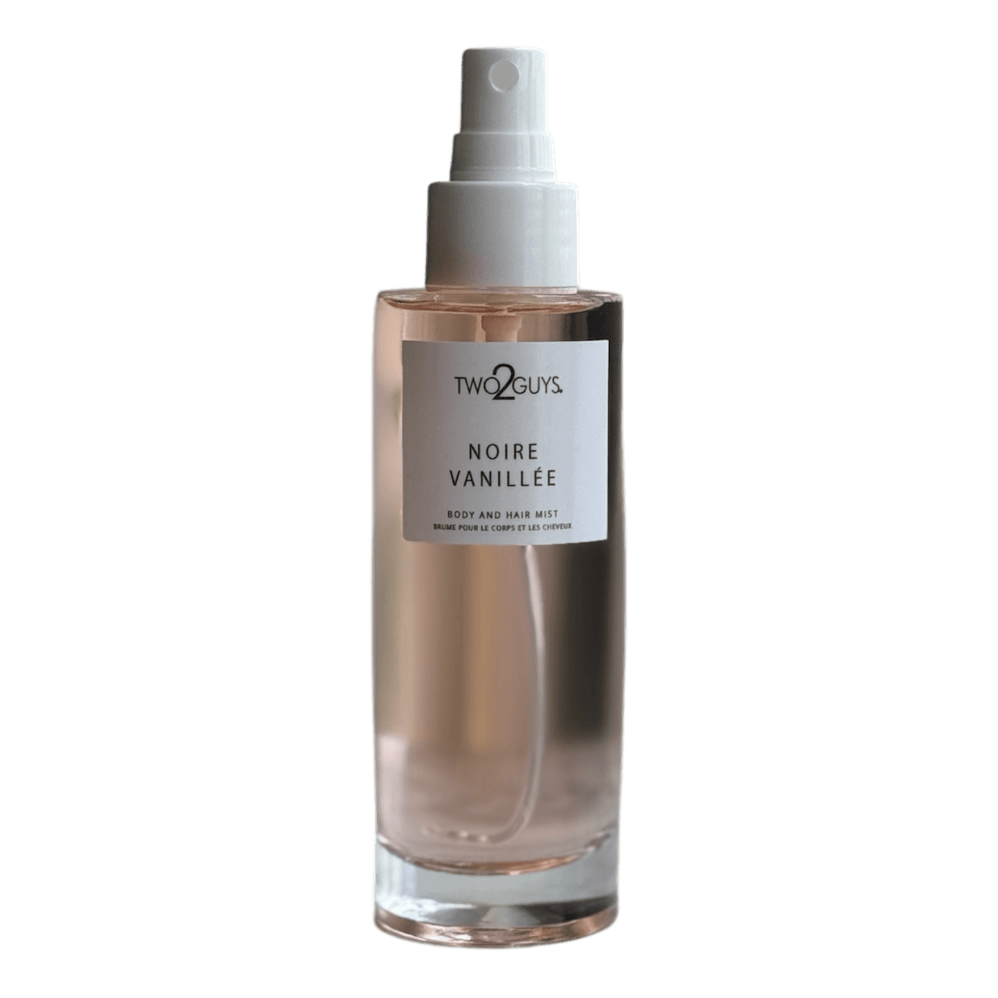 Two2Guys Noire Vanillee body and hair mist on a white background with notes of pear, vanilla, coffee and patchouli