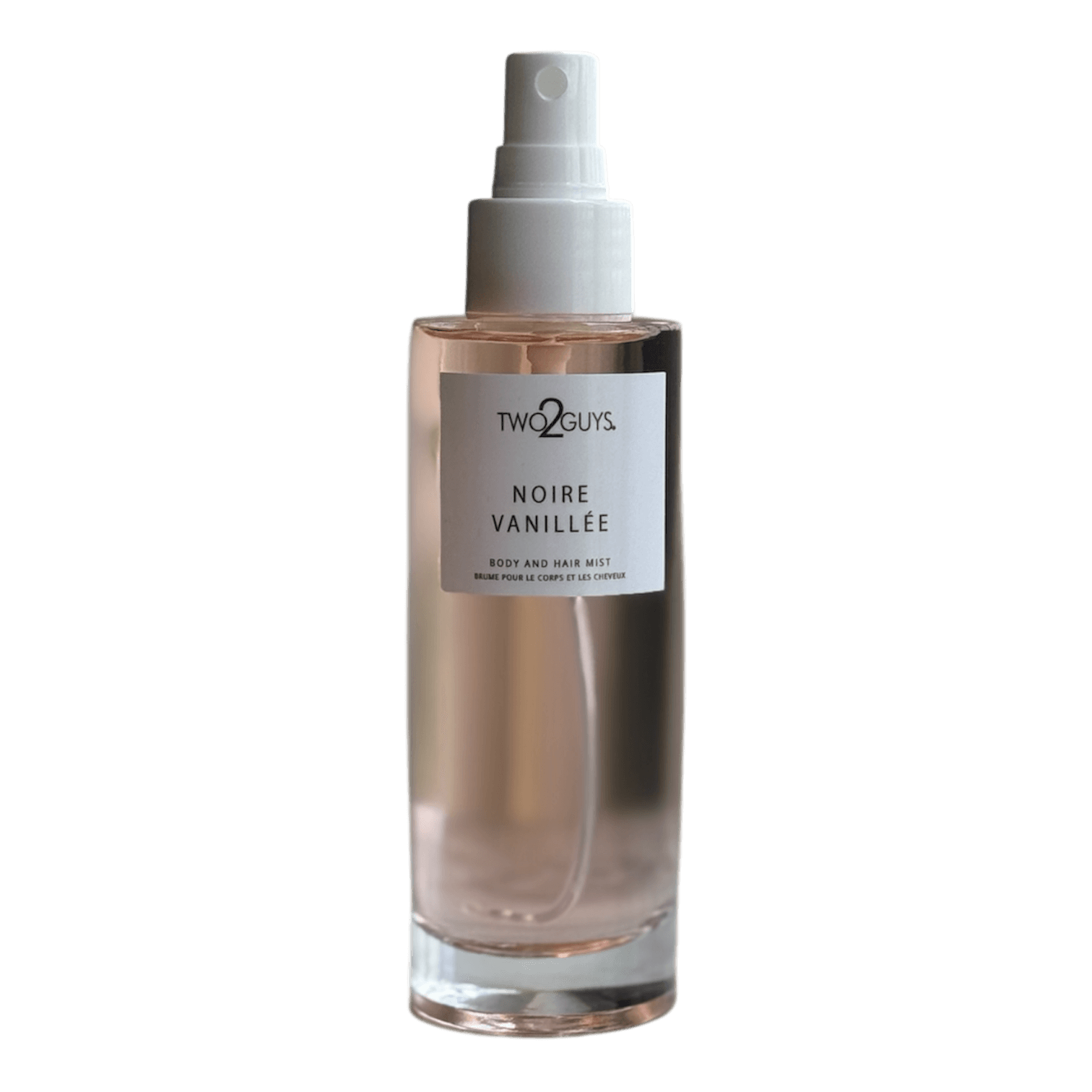 Two2Guys Noire Vanillee body and hair mist on a white background with notes of pear, vanilla, coffee and patchouli