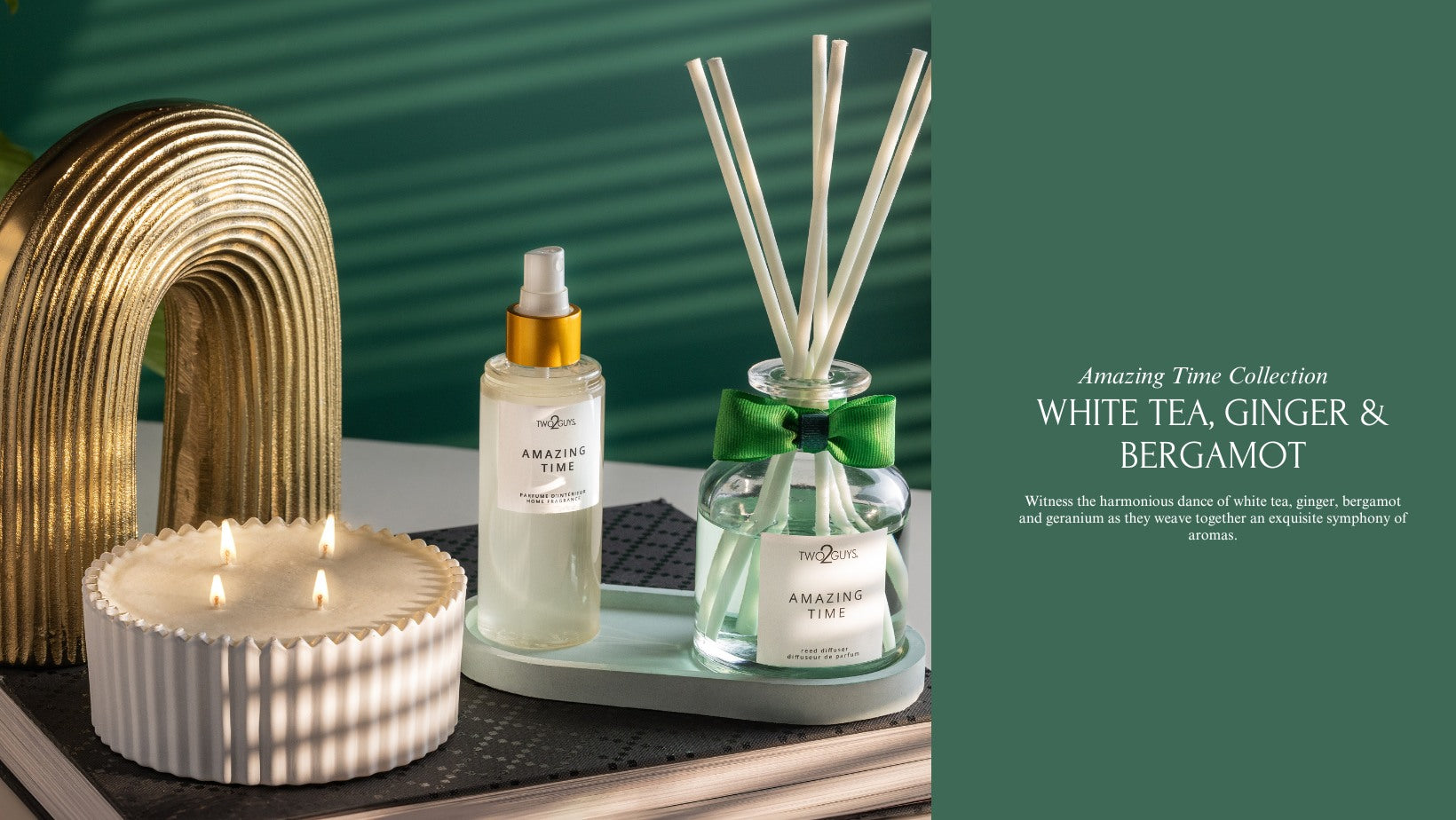 a image collection of amazing time glass jar and four wicks, a room spray, and a reed diffuser with notes of white tea, ginger, bergamot, and geranium
