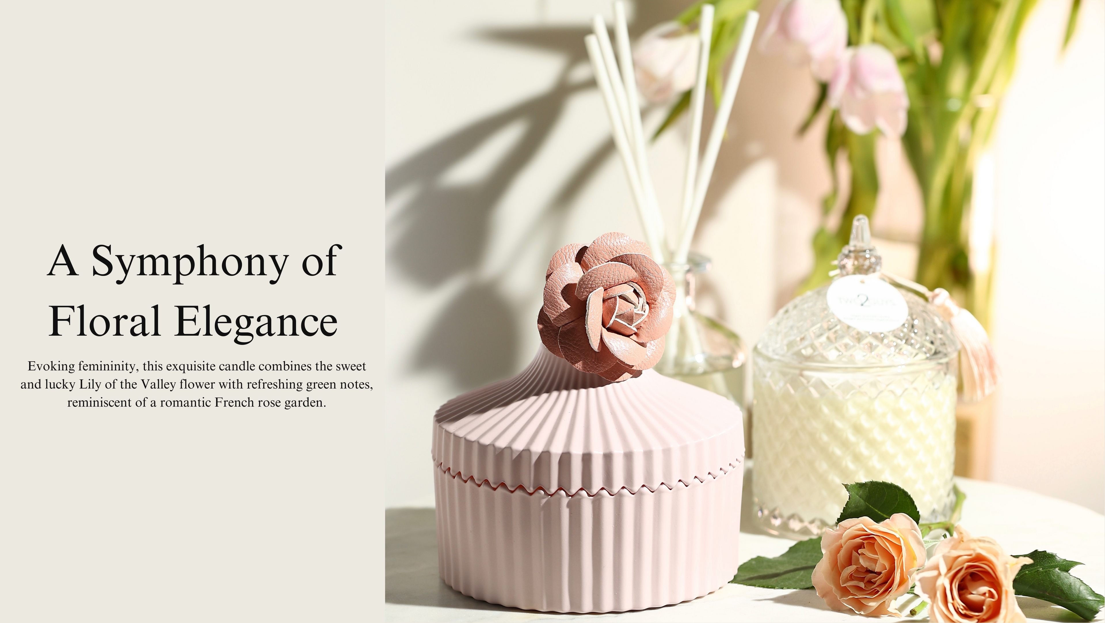 image with a carrousel candle jar and a clear vintage glass jar and on the background a reed diffuser