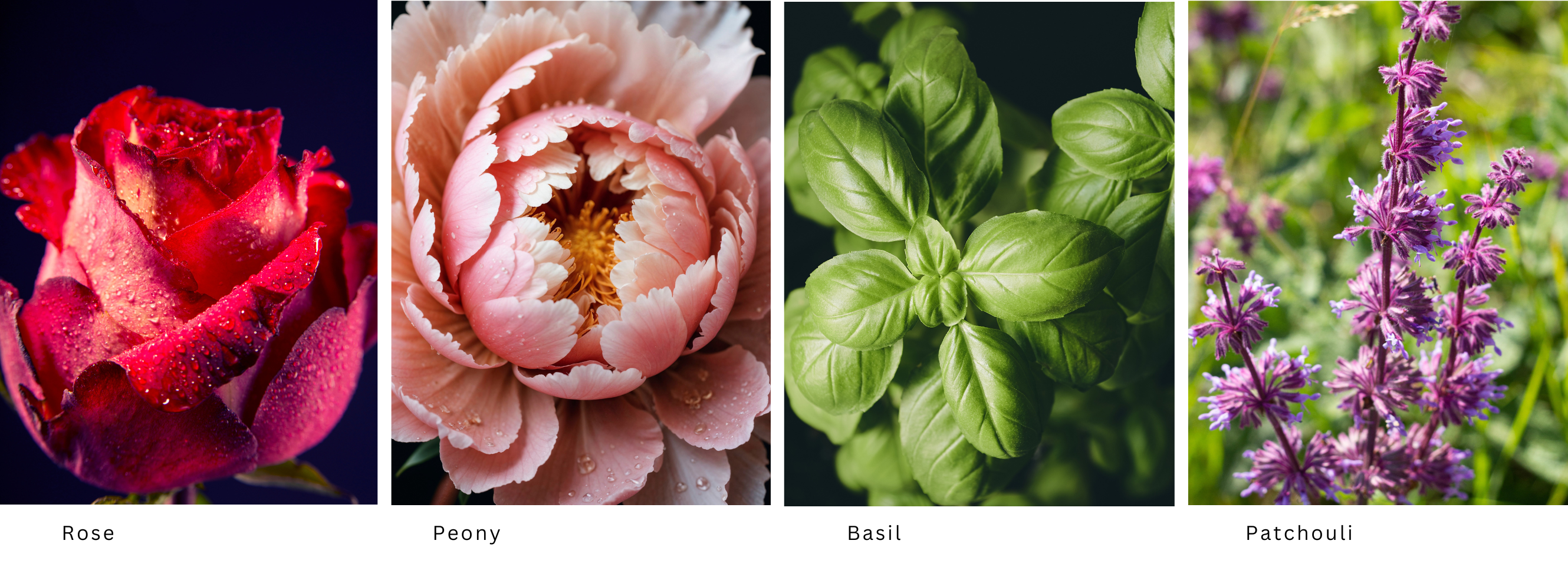 Group of images of flowers like rose, peony, basil and patchouli for the olfactory notes of the reed diffuser chemistry of attraction
