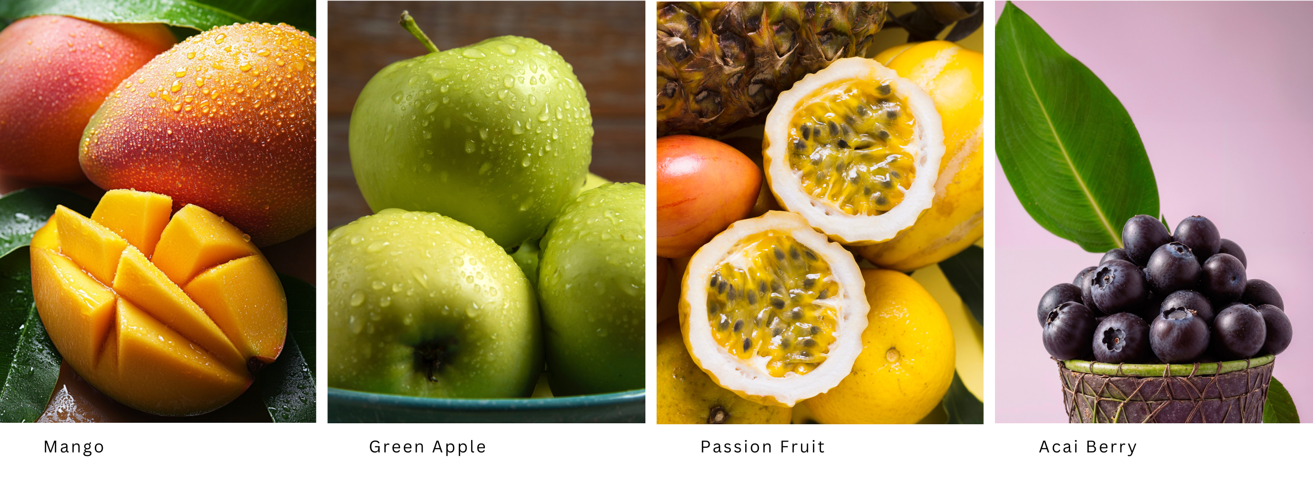 Collage of mango, green apple, passion fruit, and acai berry with labels below each to describe the notes of this candle