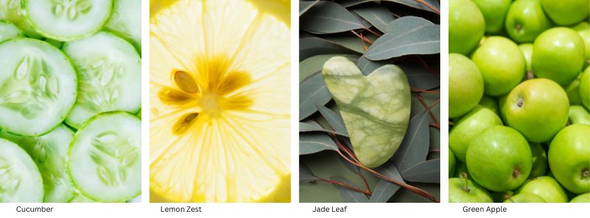 Four different green-themed images, including cucumber slices, lemon zest, jade leaf, and green apple, for our verde de neroli body oil scent notes