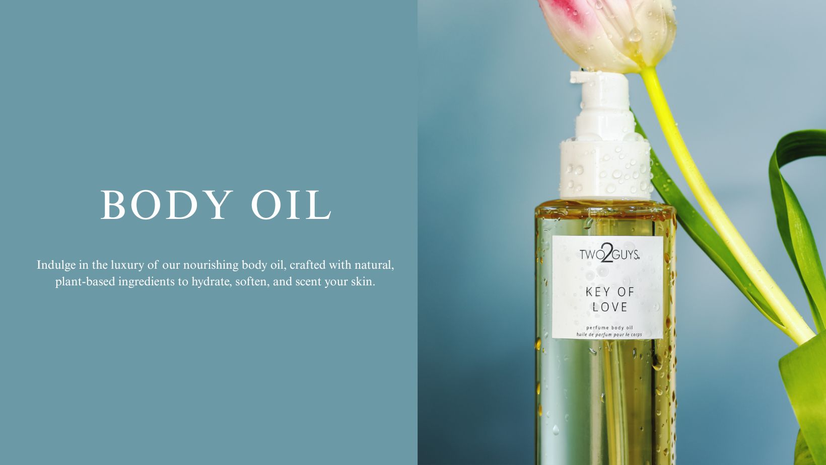 Body oil bottle KEY OF LOVE  with a tulip on a light blue background. Noes of passionfruit, mango and pineapple