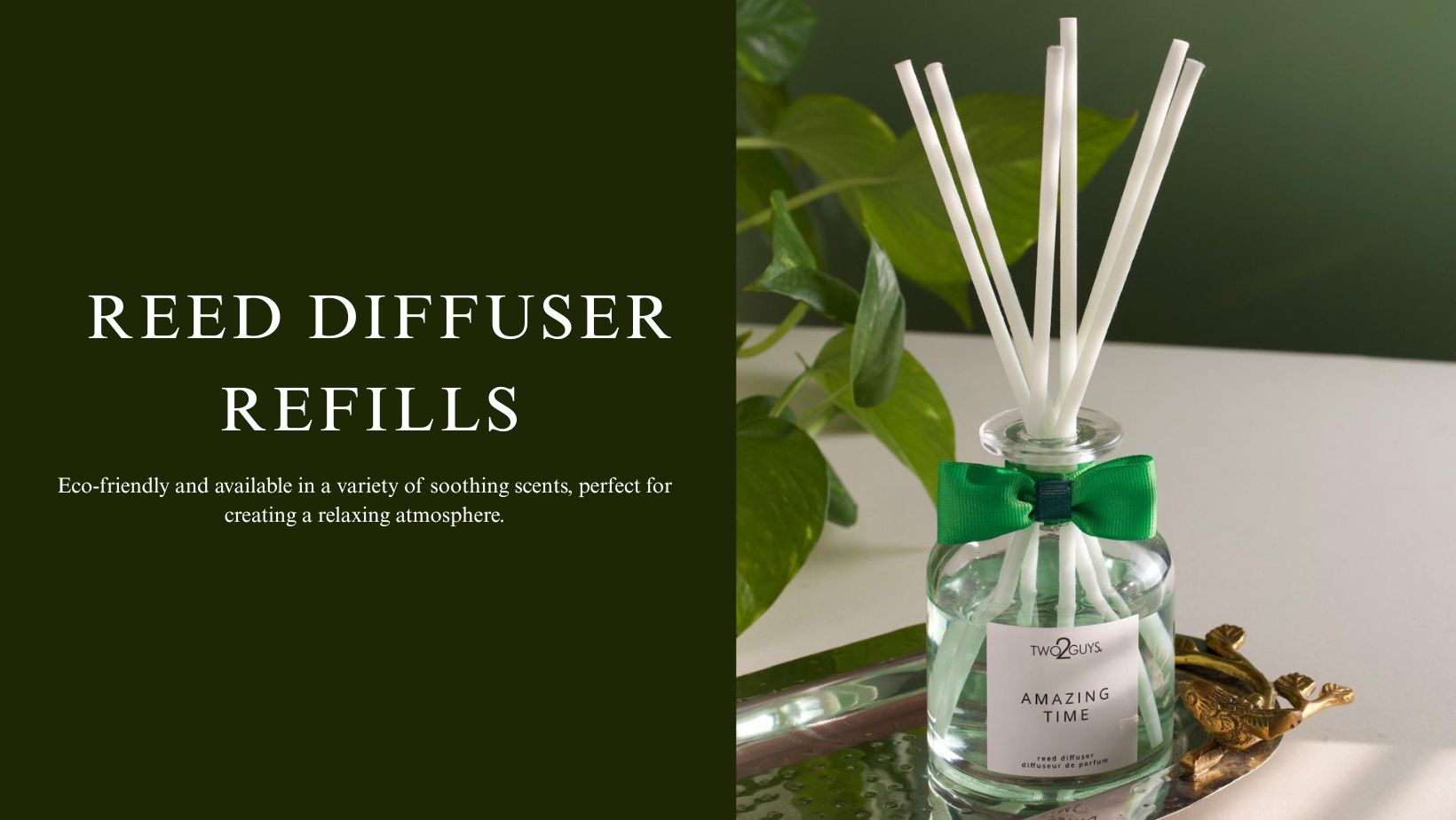 Reed diffuser refills with a bottle labeled 'Amazing Time' on a green background. white tea, ginger, and bergamot diffuser