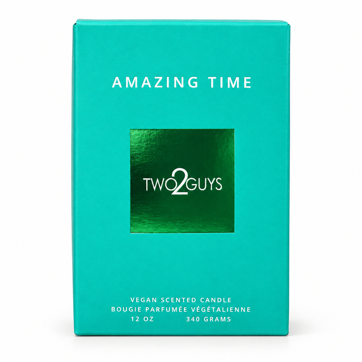 A turquoise and green product box for a Two2Guys 'Amazing Time' vegan scented candle, shown on a clean white background.