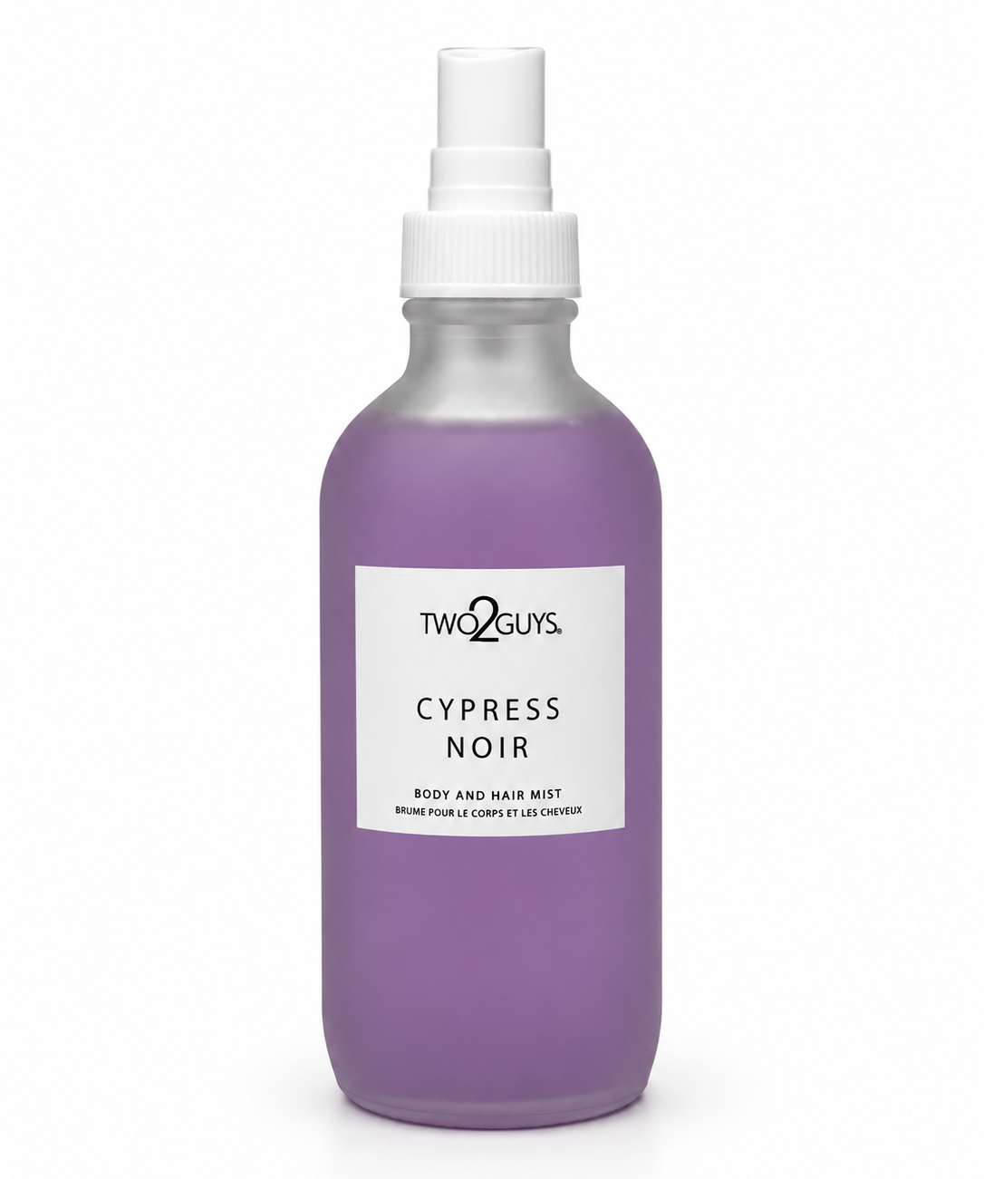 A frosted glass spray bottle filled with lavender-purple liquid, featuring a white spray top and a white rectangular label that reads 'TWO2GUYS. CYPRESS NOIR BODY AND HAIR MIST'.