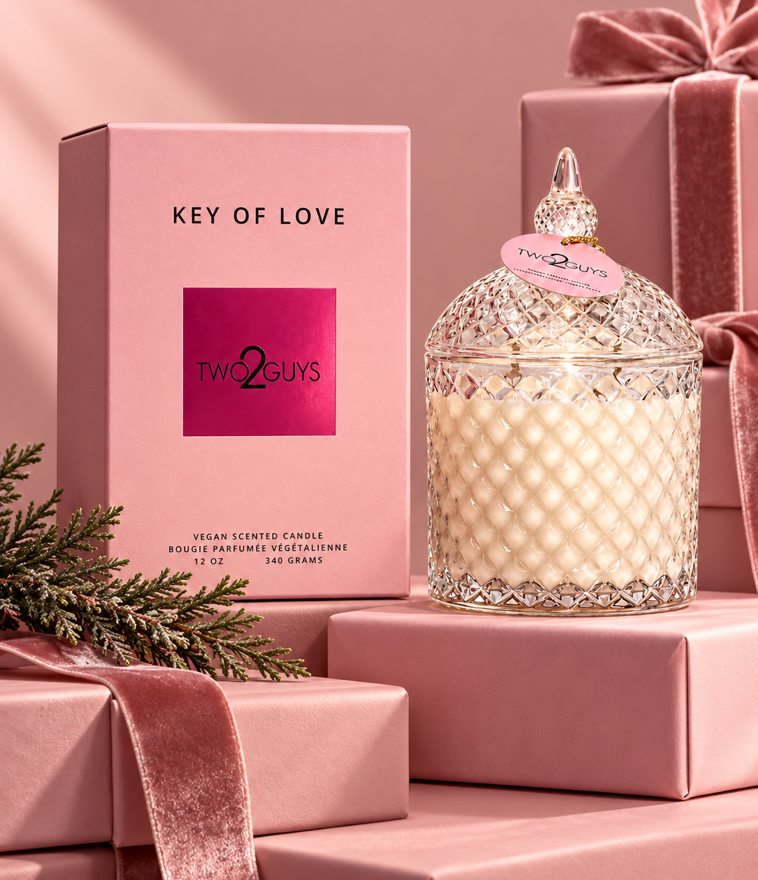 A Two Guys 'Key of Love' vegan scented candle in a textured glass jar with a lid, displayed next to its pink packaging box on a stack of pink gift boxes with velvet ribbons.