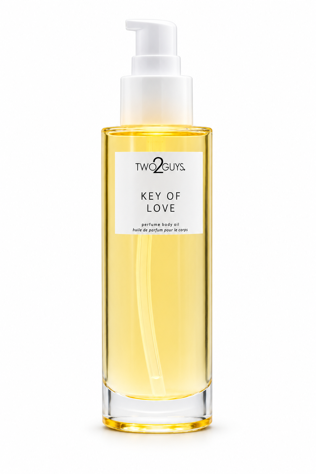 A bottle of Two2Guys Key of Love perfume body oil with a white pump dispenser and a white label, showing the golden-yellow oil inside, on a solid white background.