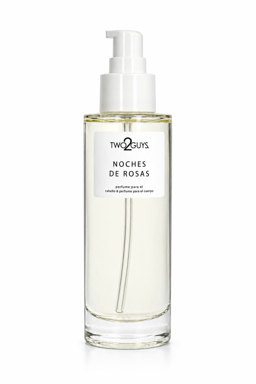 A clear glass bottle of Two Guys 'Noches de Rosas' perfume oil with a white pump dispenser and a white label, set against a plain white background.