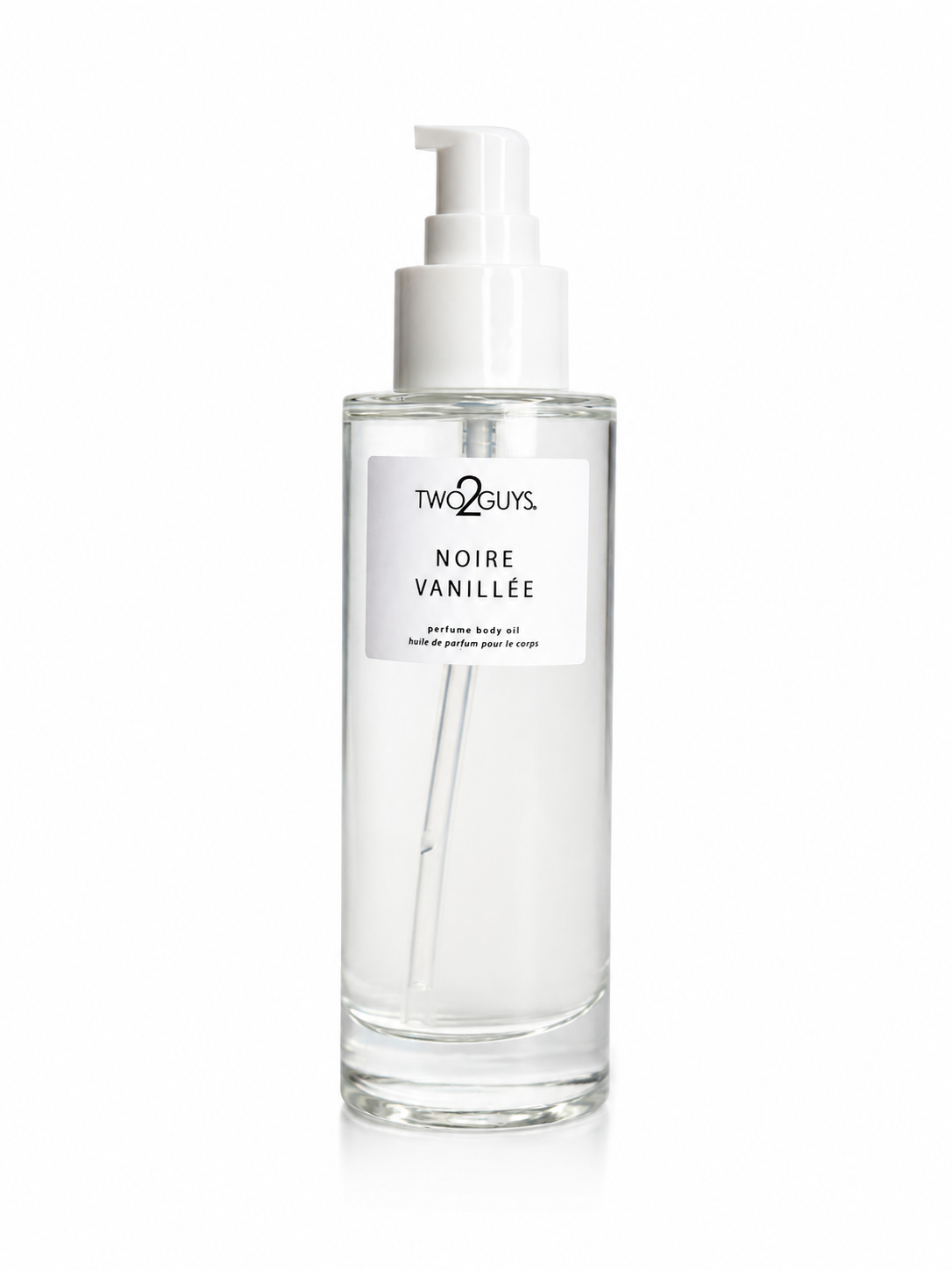 A clear glass bottle of Two Guys Noire Vanillee body oil with a white pump dispenser and a white label, set against a plain white background.