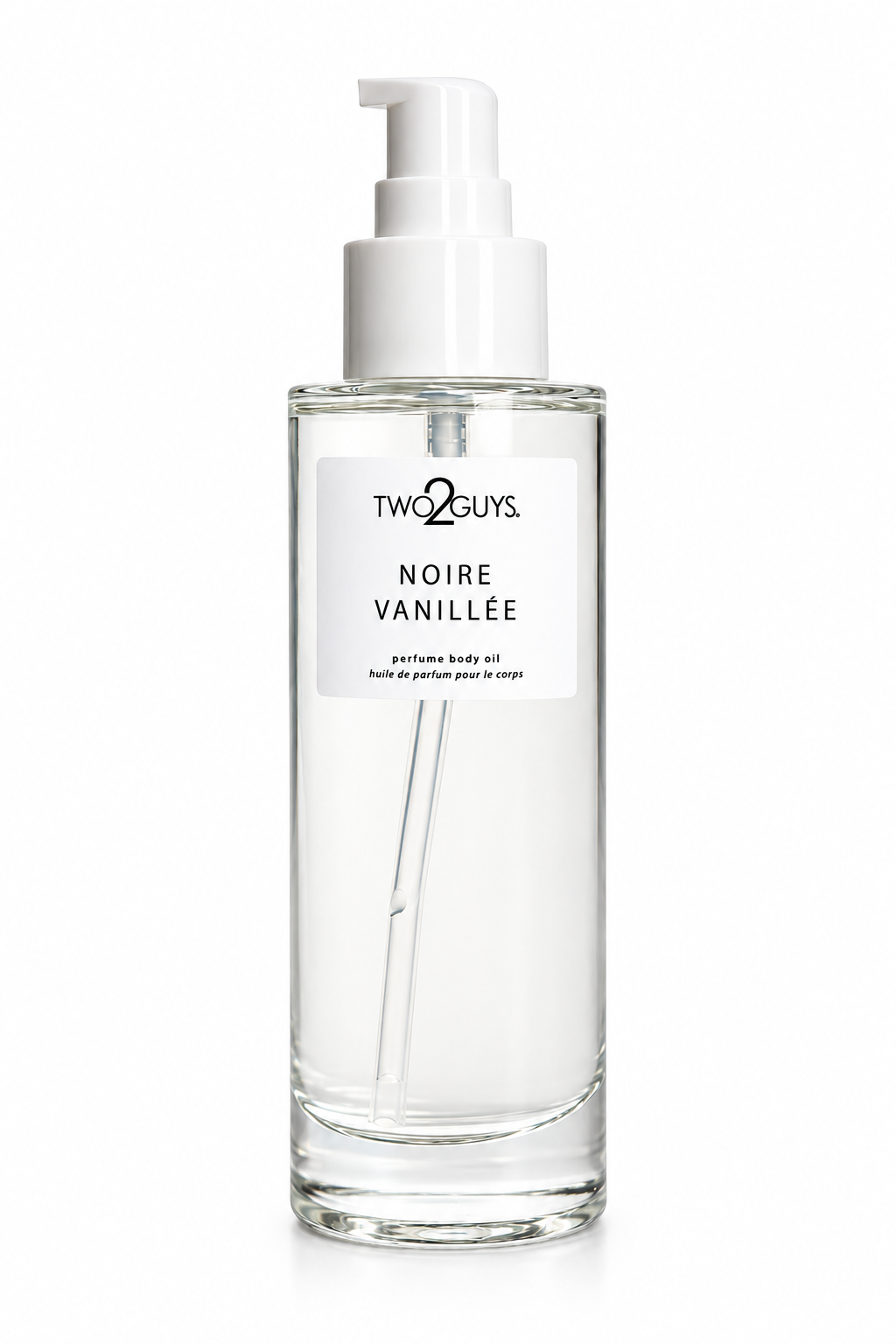 A clear glass bottle of Two2Guys Noire Vanillée perfume body oil with a white pump dispenser and a white label, set against a plain white background.