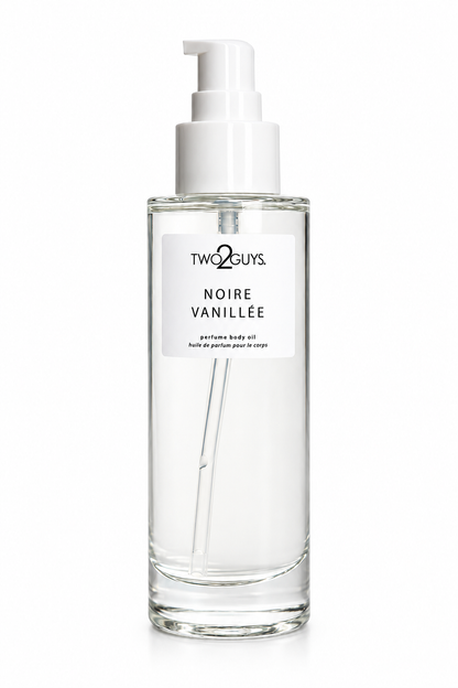 A clear glass bottle of Two2Guys Noire Vanillée perfume body oil with a white pump dispenser and a white label, set against a plain white background.