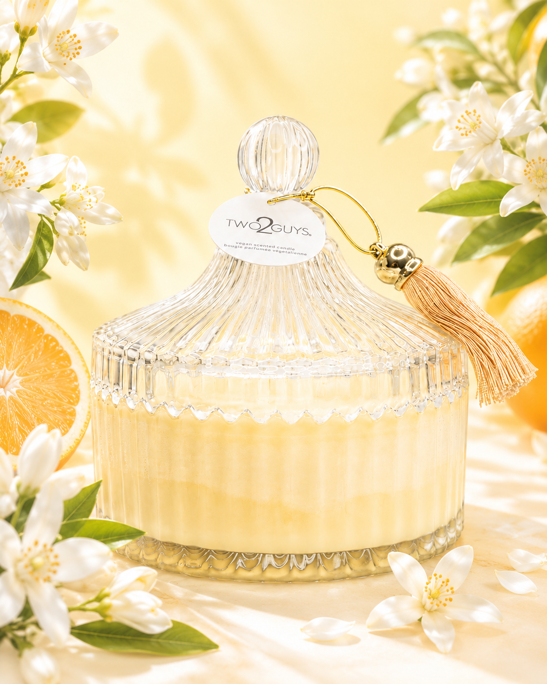 Decorative jar with a tassel on a yellow background with flowers and oranges