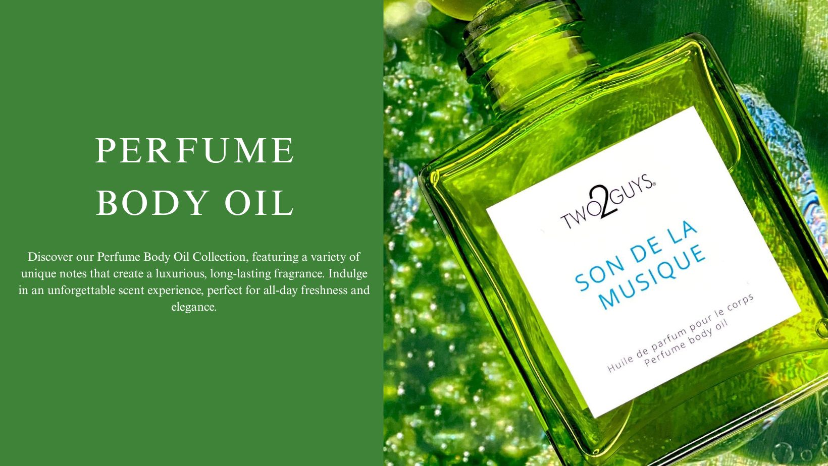 Green perfume bottle labeled 'Two2Guys Son de la Musique' with green background and text about perfume body oil collection.