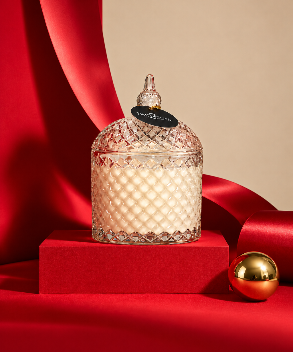 A clear cut-glass jar candle with a pointed lid sits on a red pedestal against a beige backdrop with draped red fabric and a small gold ornament.