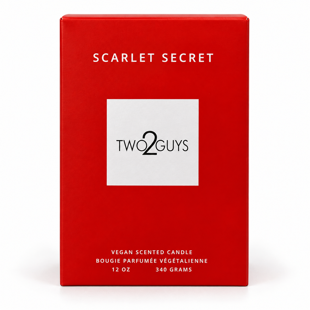A red rectangular product box for a Scarlet Secret vegan scented candle by Two2Guys, featuring a white central label with the brand name, on a clean white background.