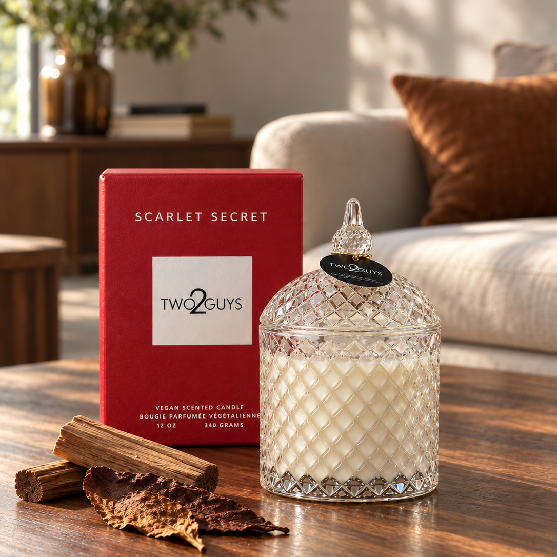 a candle in a clear vintage jar with a lid and a cozy home