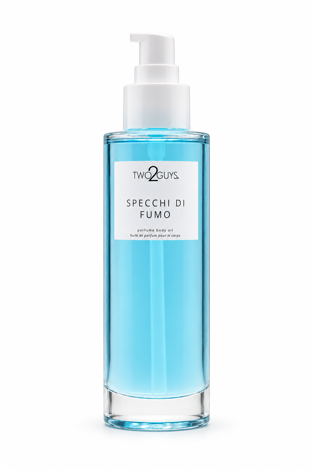 A bottle of Two2Guys Specchi di Fumo hair remover liquid, featuring a clear cylindrical bottle filled with light blue liquid, a white pump dispenser, and a white label with black text, set against a plain white background.