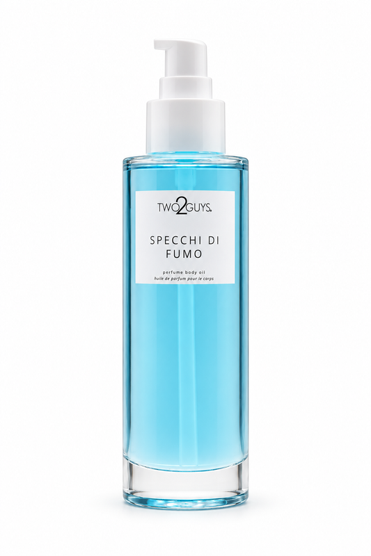 A bottle of Two2Guys Specchi di Fumo hair remover liquid, featuring a clear cylindrical bottle filled with light blue liquid, a white pump dispenser, and a white label with black text, set against a plain white background.